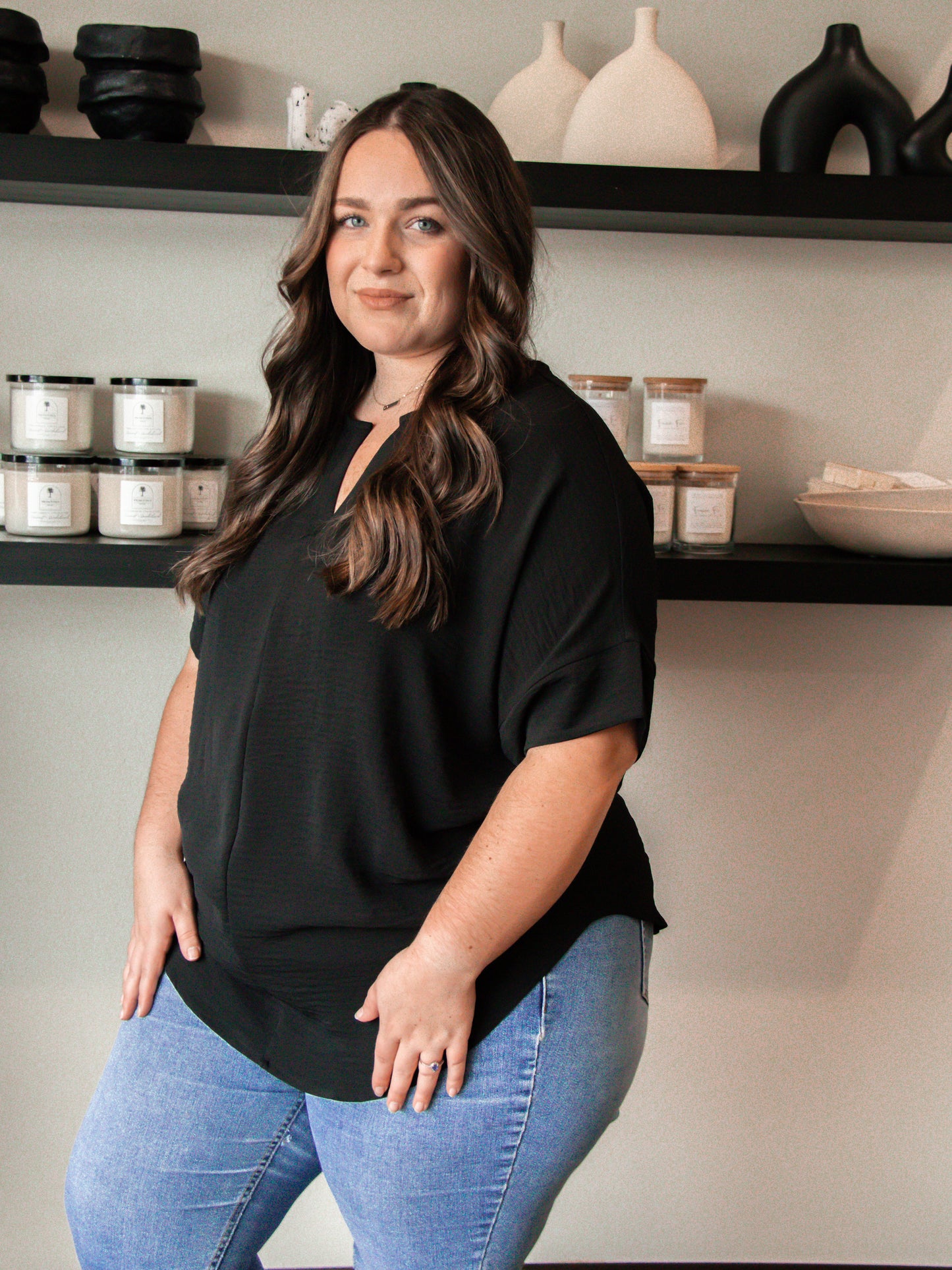 Boss Babe Black V Neck Blouse- Curves