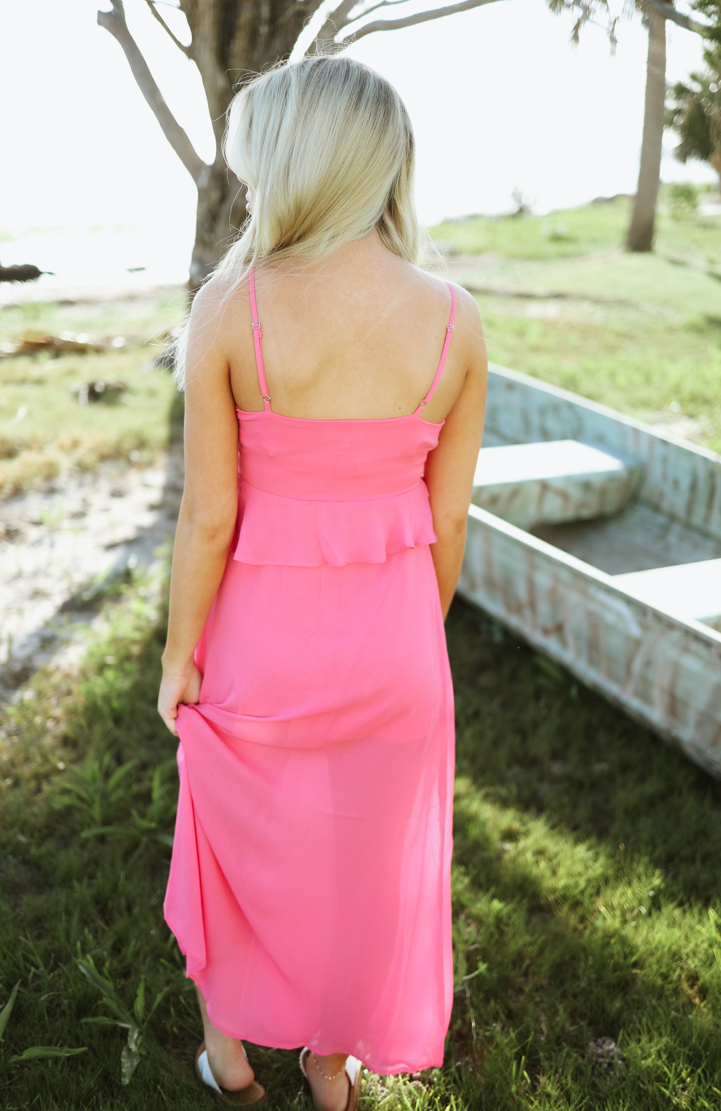 She Is The Moment Pink Ruffle Maxi