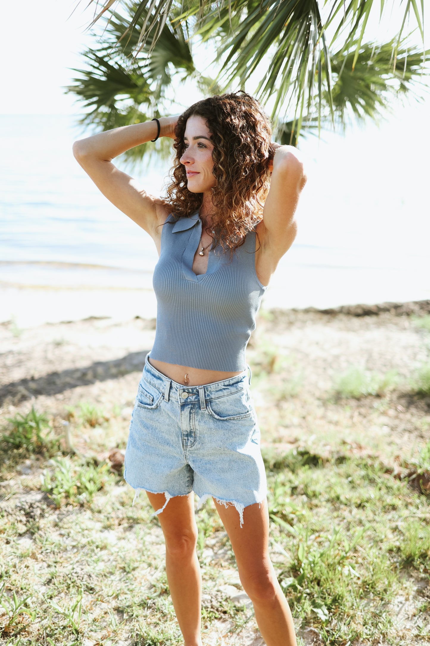 Coastal Vibes Blue Collared Knit Top