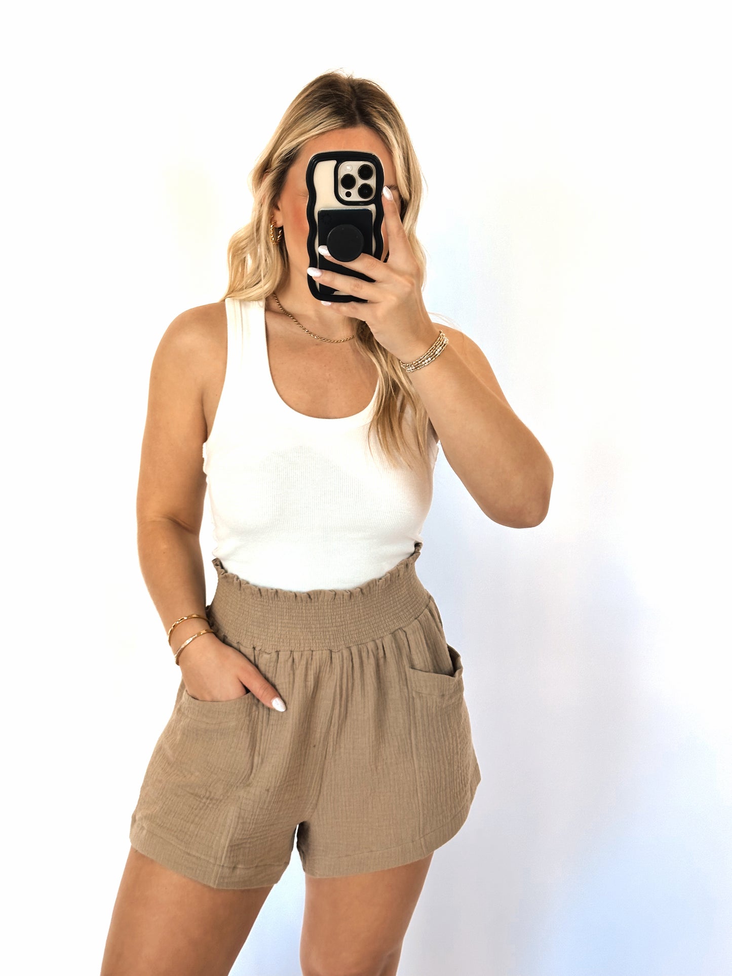 The Mollie Mocha Crinkle Gauze Shorts