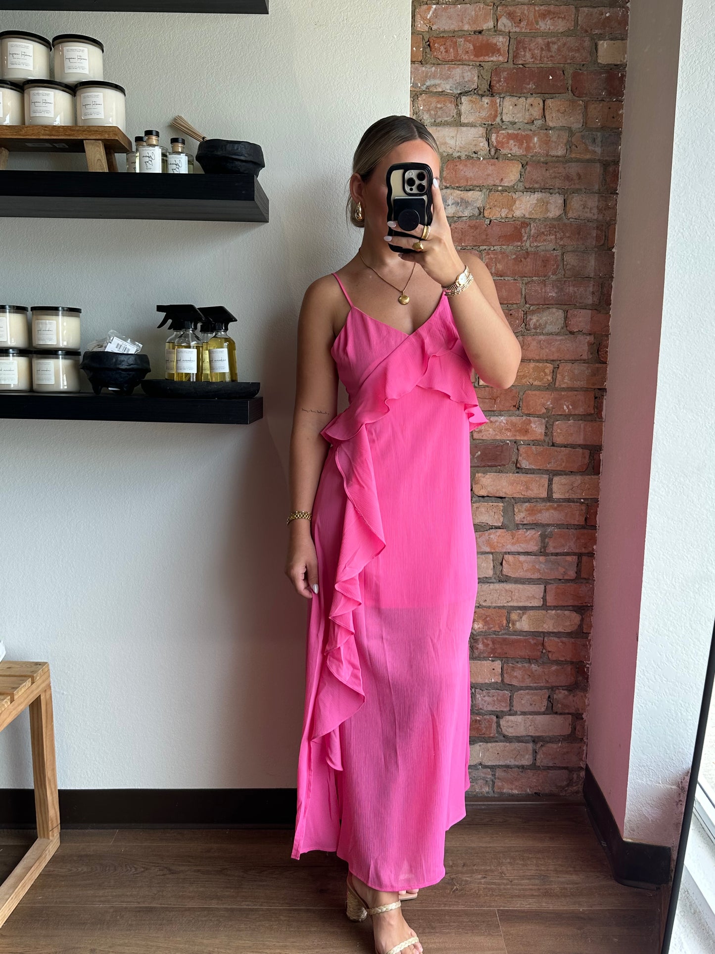 She Is The Moment Pink Ruffle Maxi