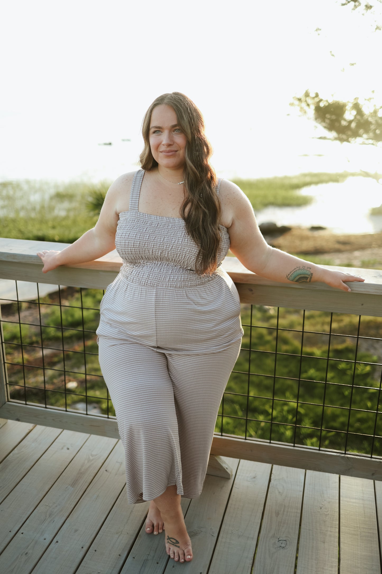 Summer Vacation Striped Smocked Jumpsuit- Curves