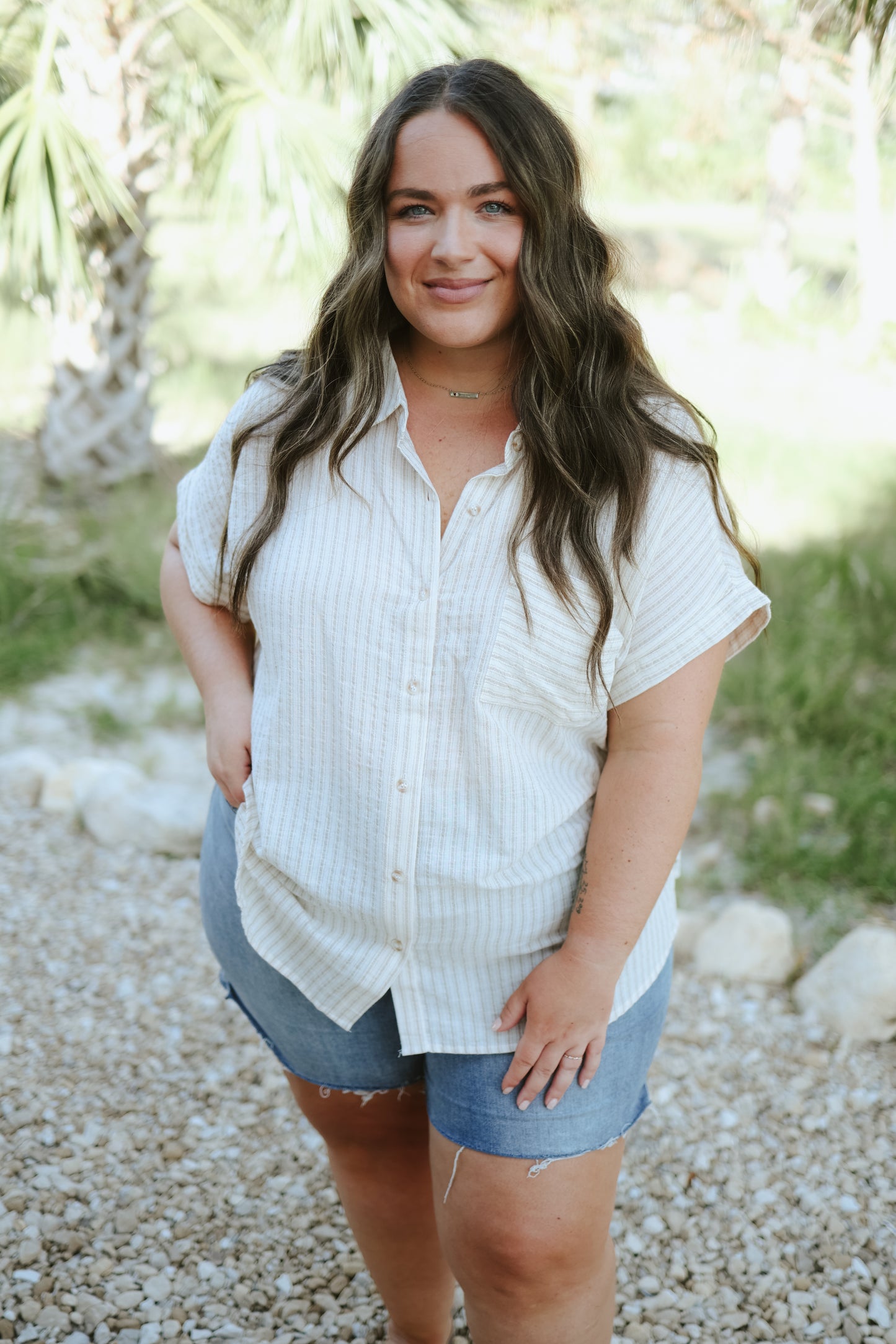 Nautical Dreams Short Sleeve Button Up Top- Curves