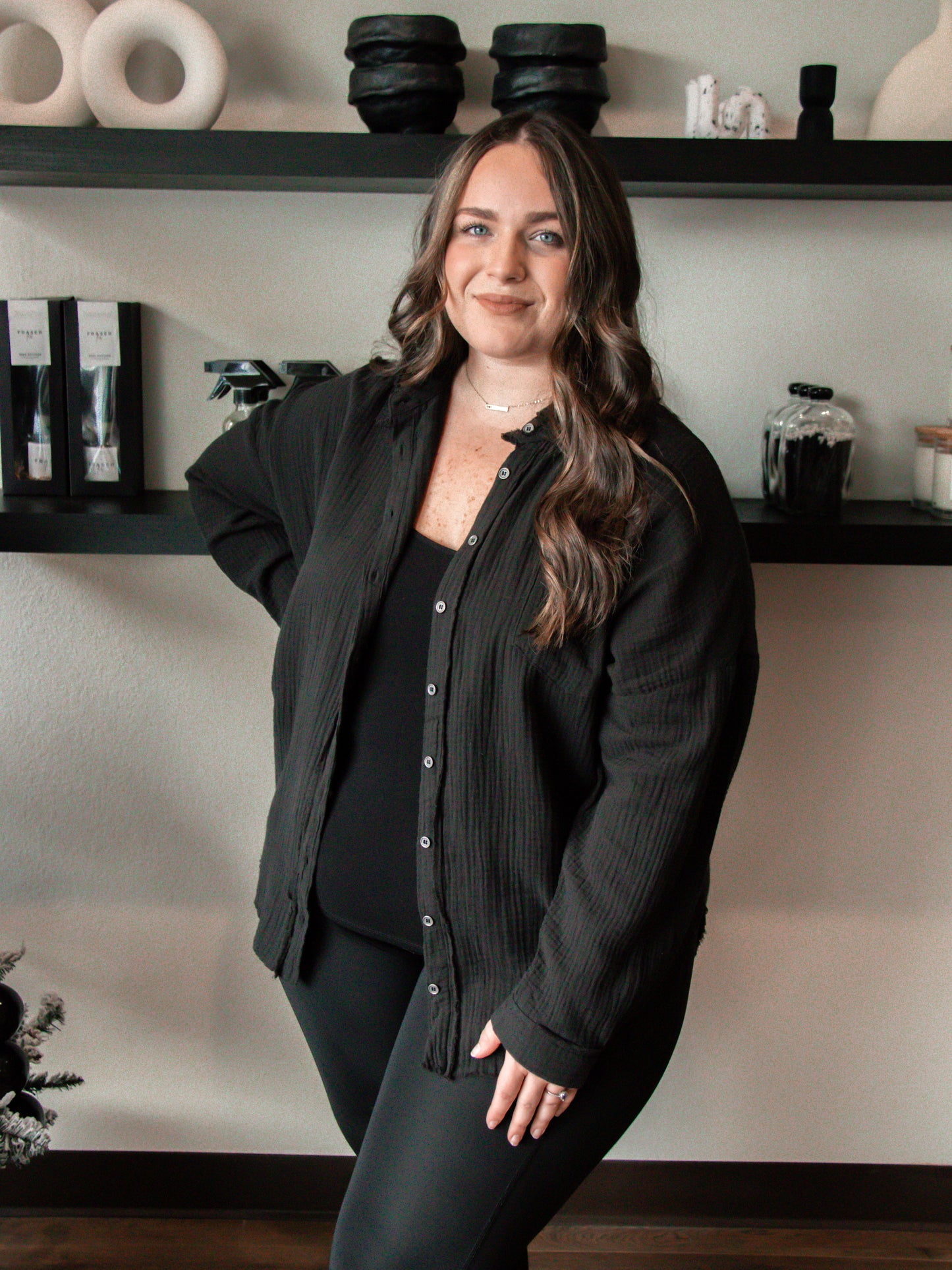 On My Mind Gauze Button Up Top- Black- Curves