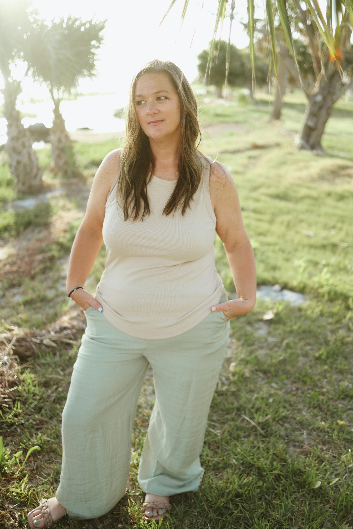 Maui Bound Sage High Rise Pants- Curves