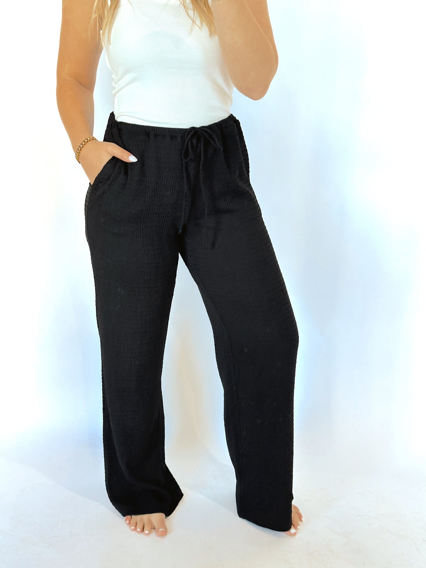 The Lydia Black Ribbed Drawstring Pants