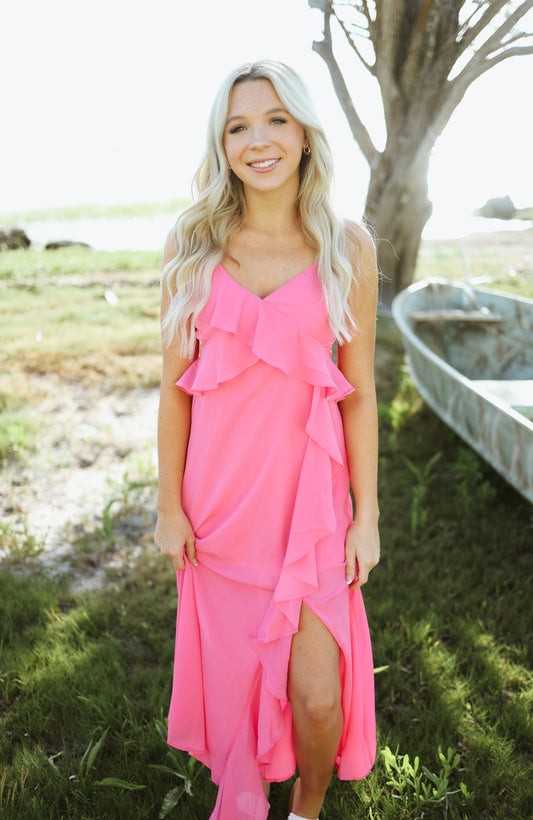 She Is The Moment Pink Ruffle Maxi