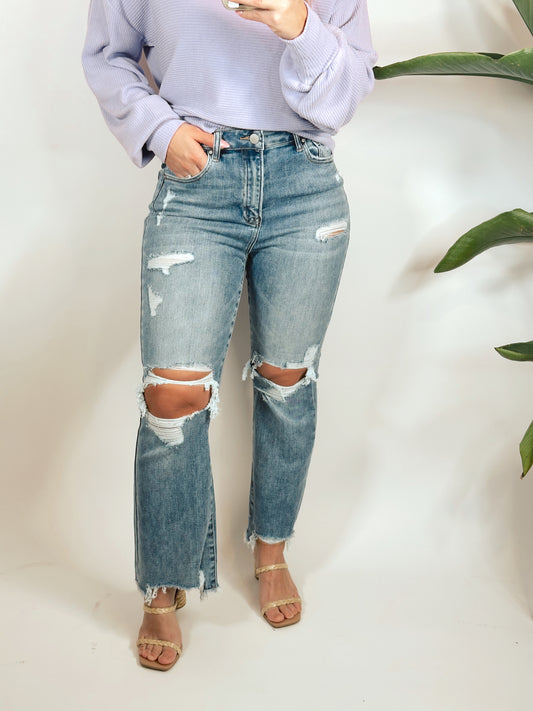 The Olivia Distressed High Rise Ankle Flare Jeans