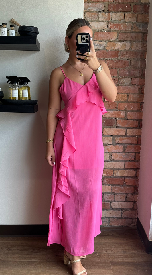 She Is The Moment Pink Ruffle Maxi