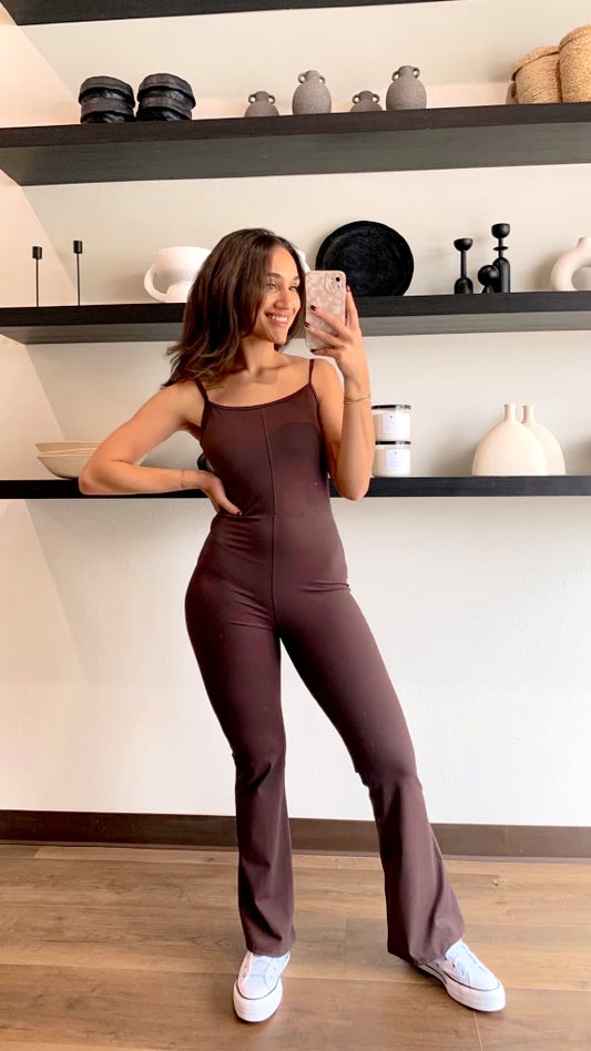 Out On The Town Flare Jumpsuit- Brown