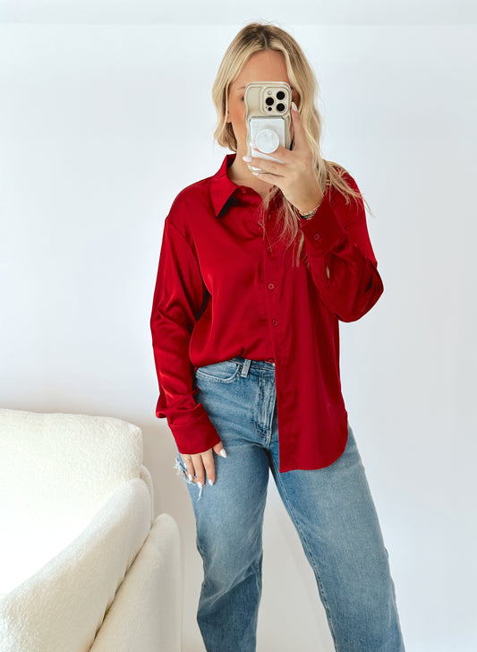 Red Sangria Satin Button Up Blouse