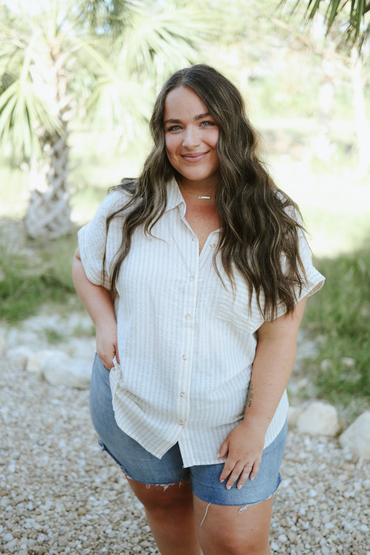 Nautical Dreams Short Sleeve Button Up Top- Curves