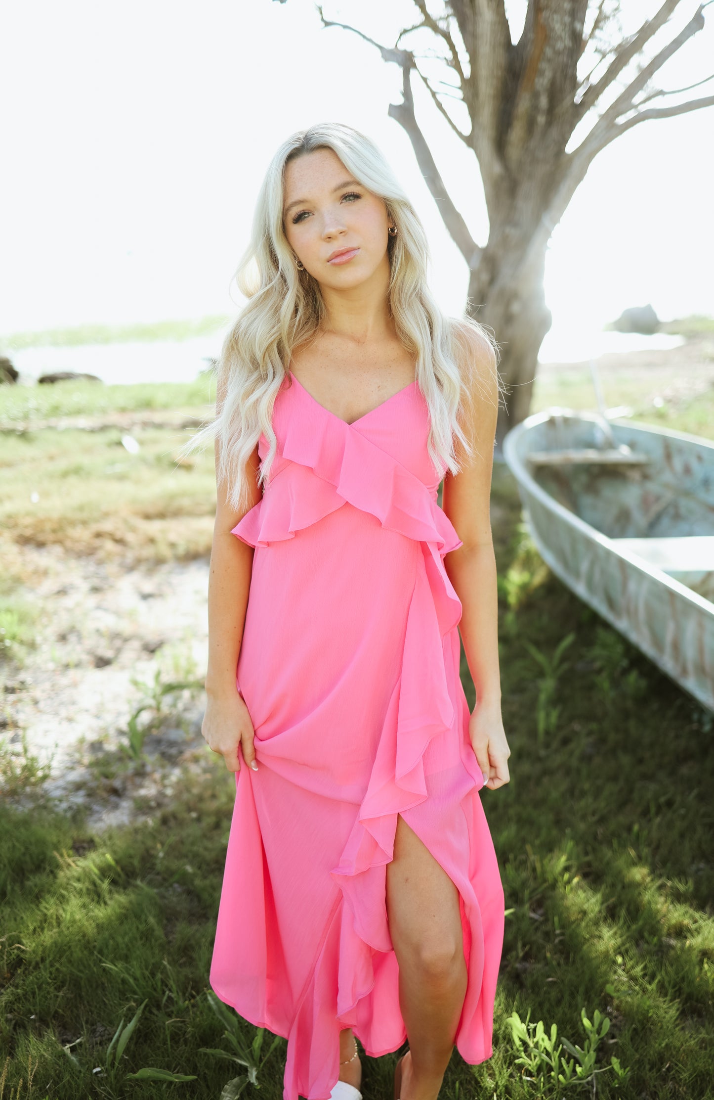 She Is The Moment Pink Ruffle Maxi