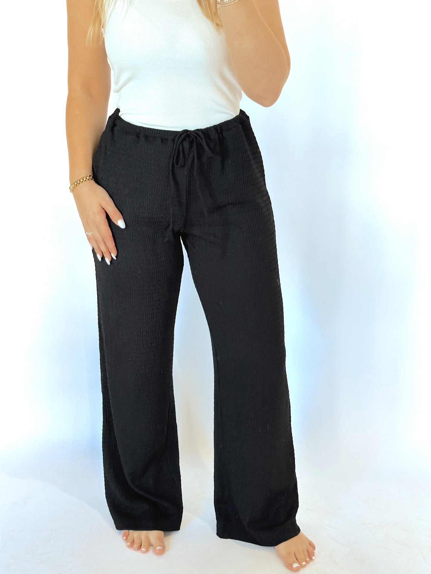 The Lydia Black Ribbed Drawstring Pants